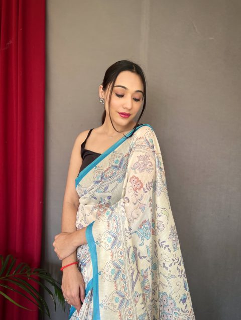 Graceful Off-White & Blue Handwoven Linen Saree with Floral Print