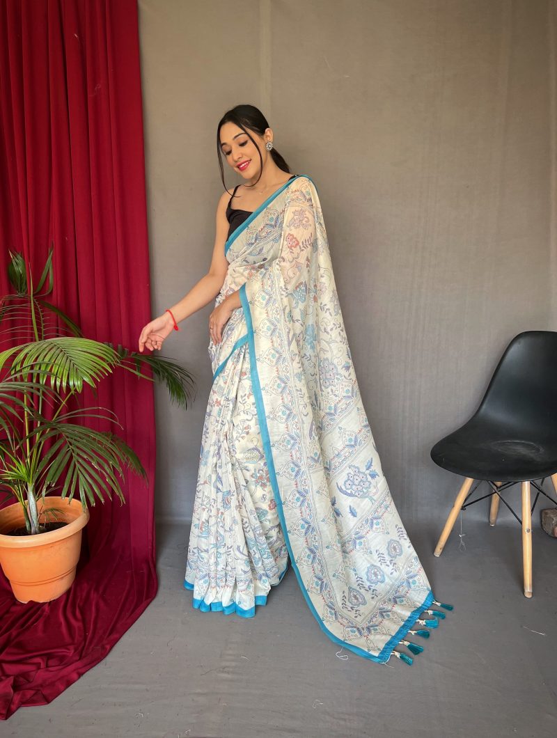 Graceful Off-White & Blue Handwoven Linen Saree with Floral Print - Image 2