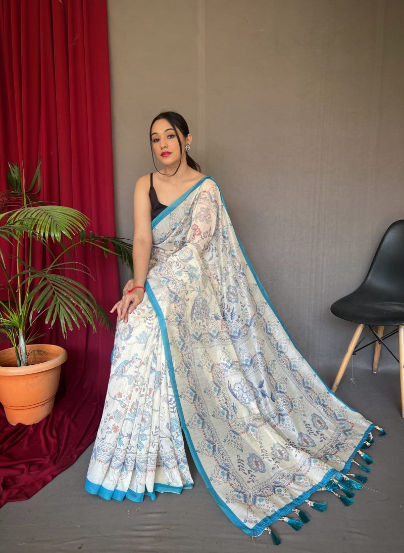 Graceful Off-White & Blue Handwoven Linen Saree with Floral Print - Image 3