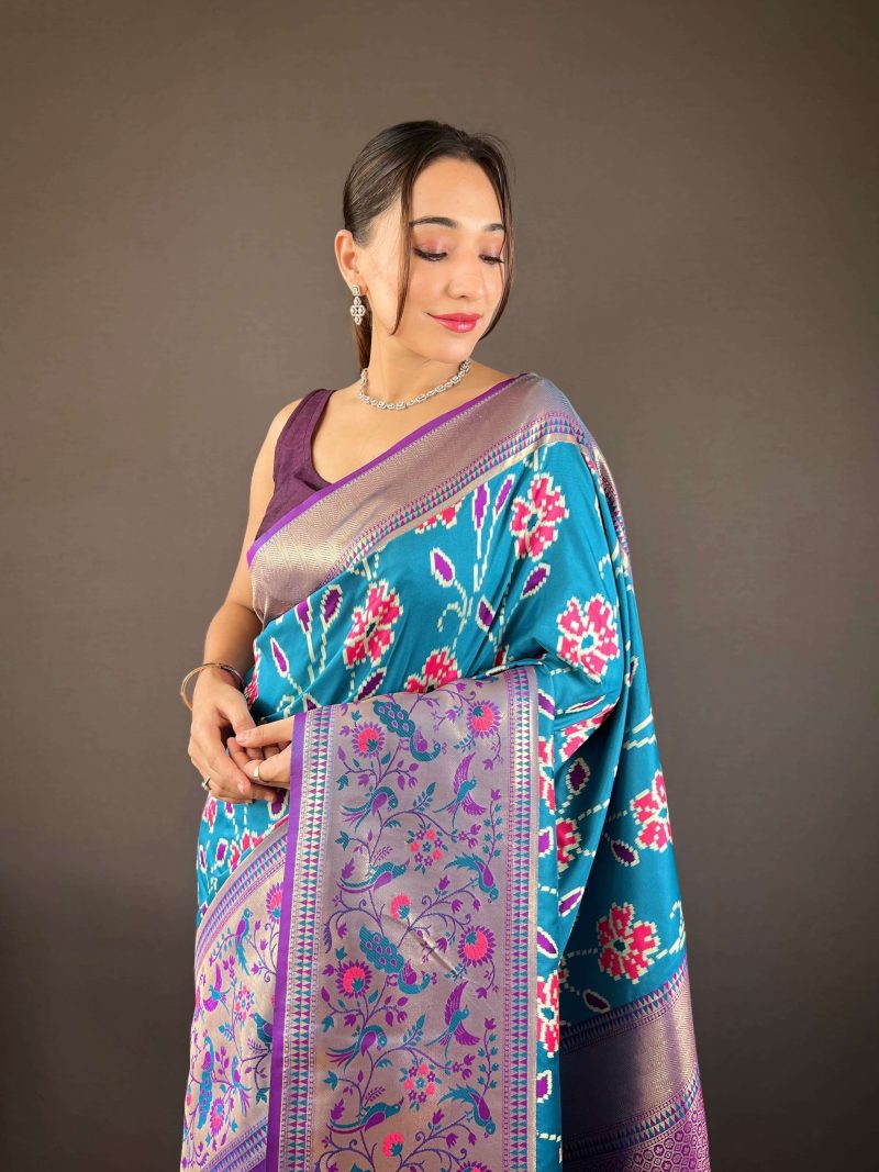 Elegant Blue & Purple Banarasi Silk Saree with Floral Zari Weaving