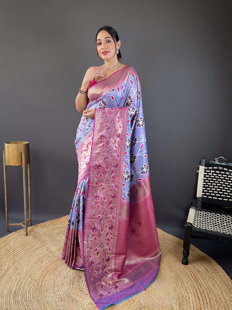 Lavender & Pink Patola Silk Saree with Rich Zari Border - Image 3