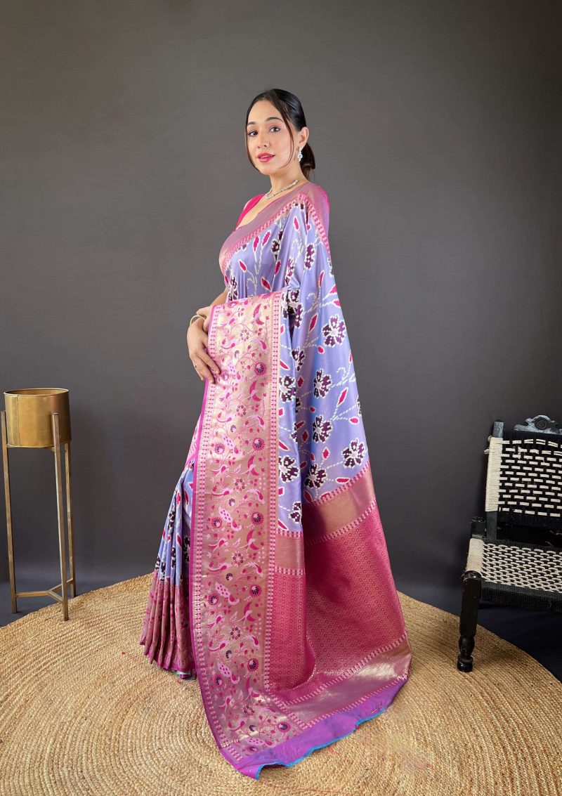 Lavender & Pink Patola Silk Saree with Rich Zari Border